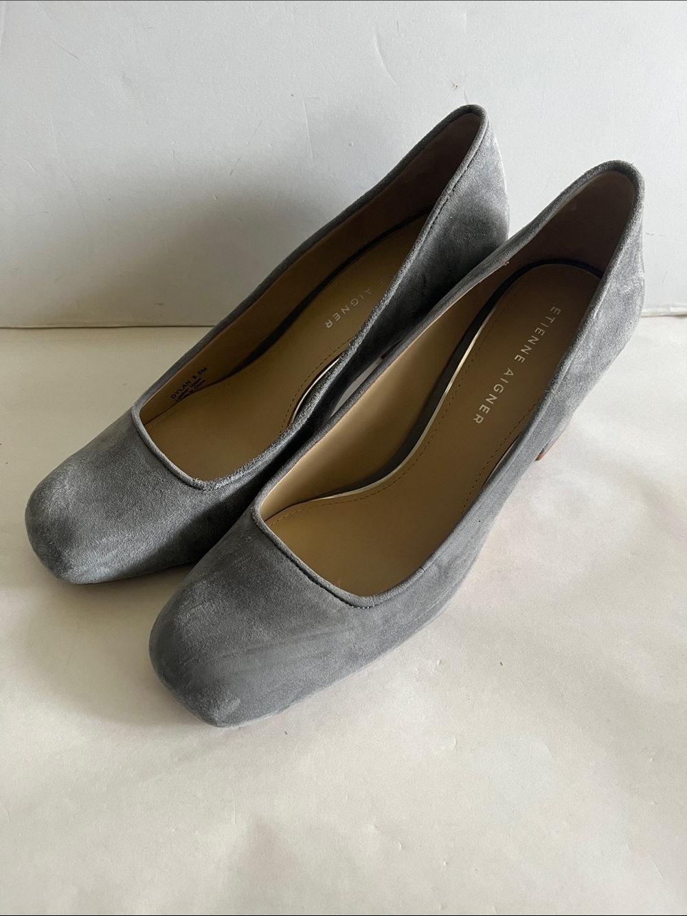 Etienne Aigner Dylan gray suede square toe pumps block heel size 8.5M